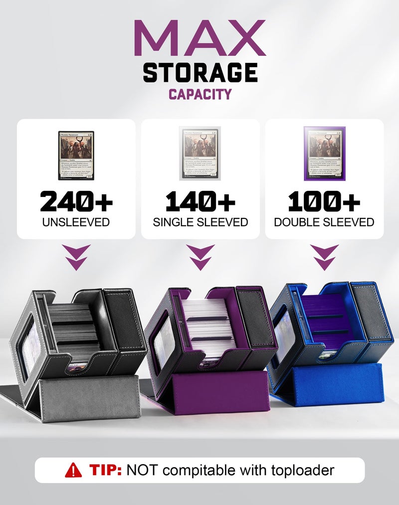 ZLCA MTG Deck Box  Commander Deck Box with Display Window  Card Deck Box Holds 100 Double-Sleeved Cards with Dice Tray & 35pt Magnetic Card Holder(Black& purple) - Image 3